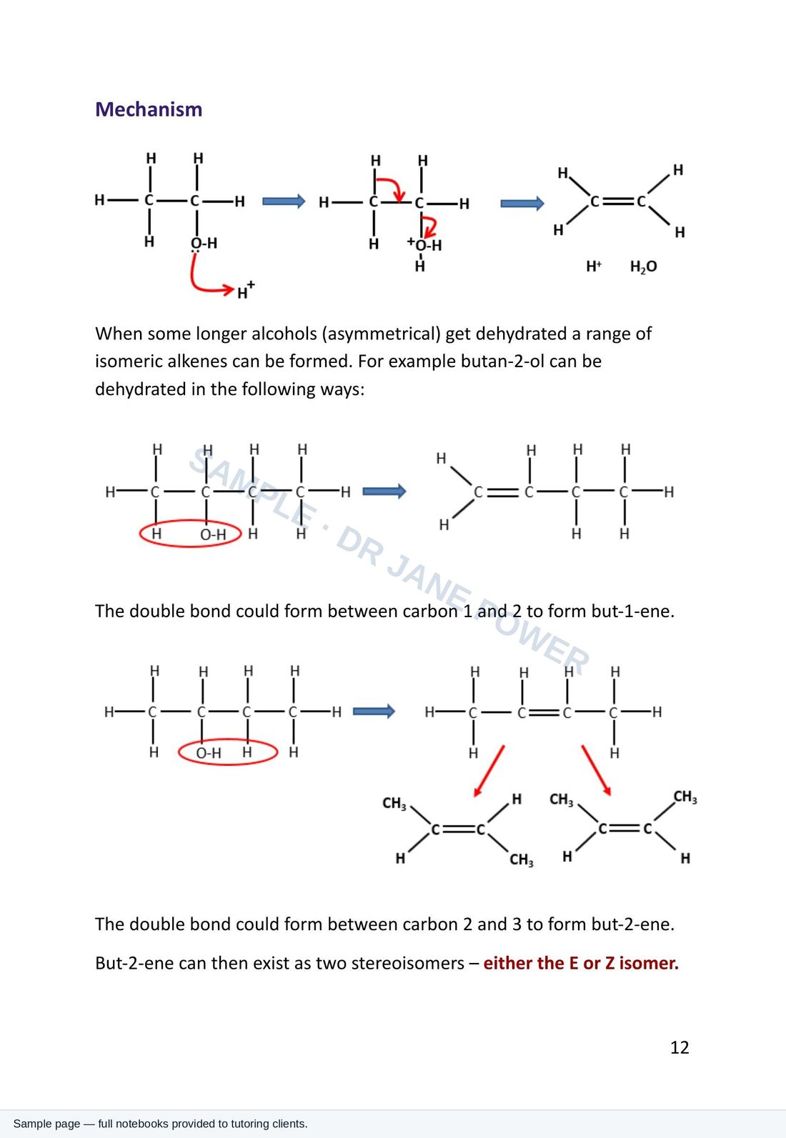 Sample notebook page: dehydration mechanism of alcohols forming isomeric alkenes