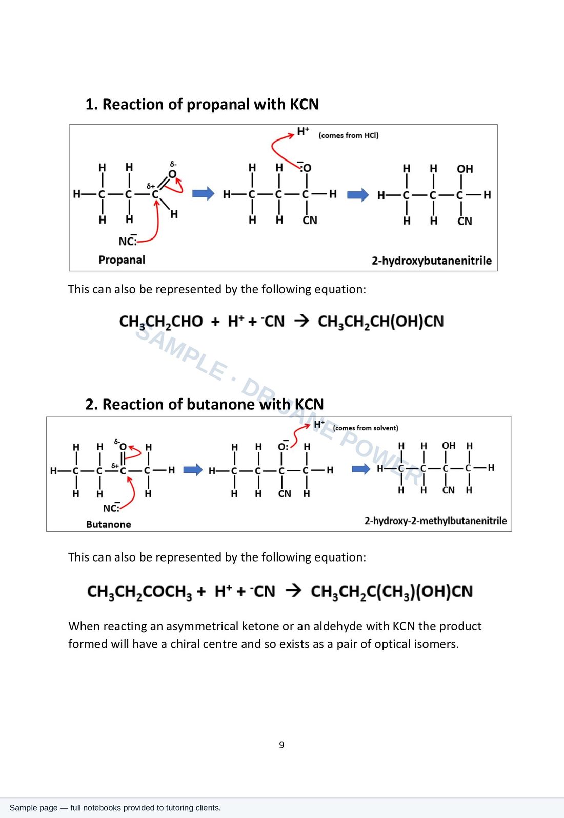 Sample notebook page: nucleophilic addition mechanism of KCN to aldehydes and ketones, forming a chiral centre